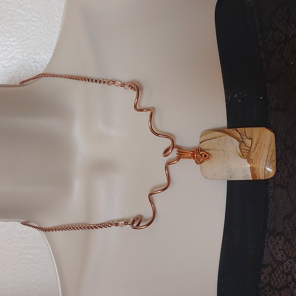 African Queen Picture Jasper Pendant On Wirework Copper Necklace OOAK Vintage